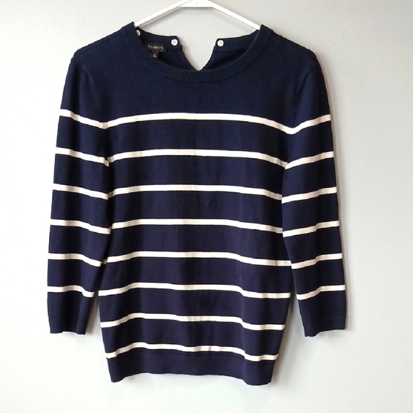 Talbot's Pima Cotton Navy Blue White Striped Sweater Size Medium Nautical - Picture 1 of 5